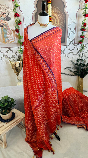 Banarasi Pure Cotton Saree | Red | Gold Zari | Handwoven | Ships from California